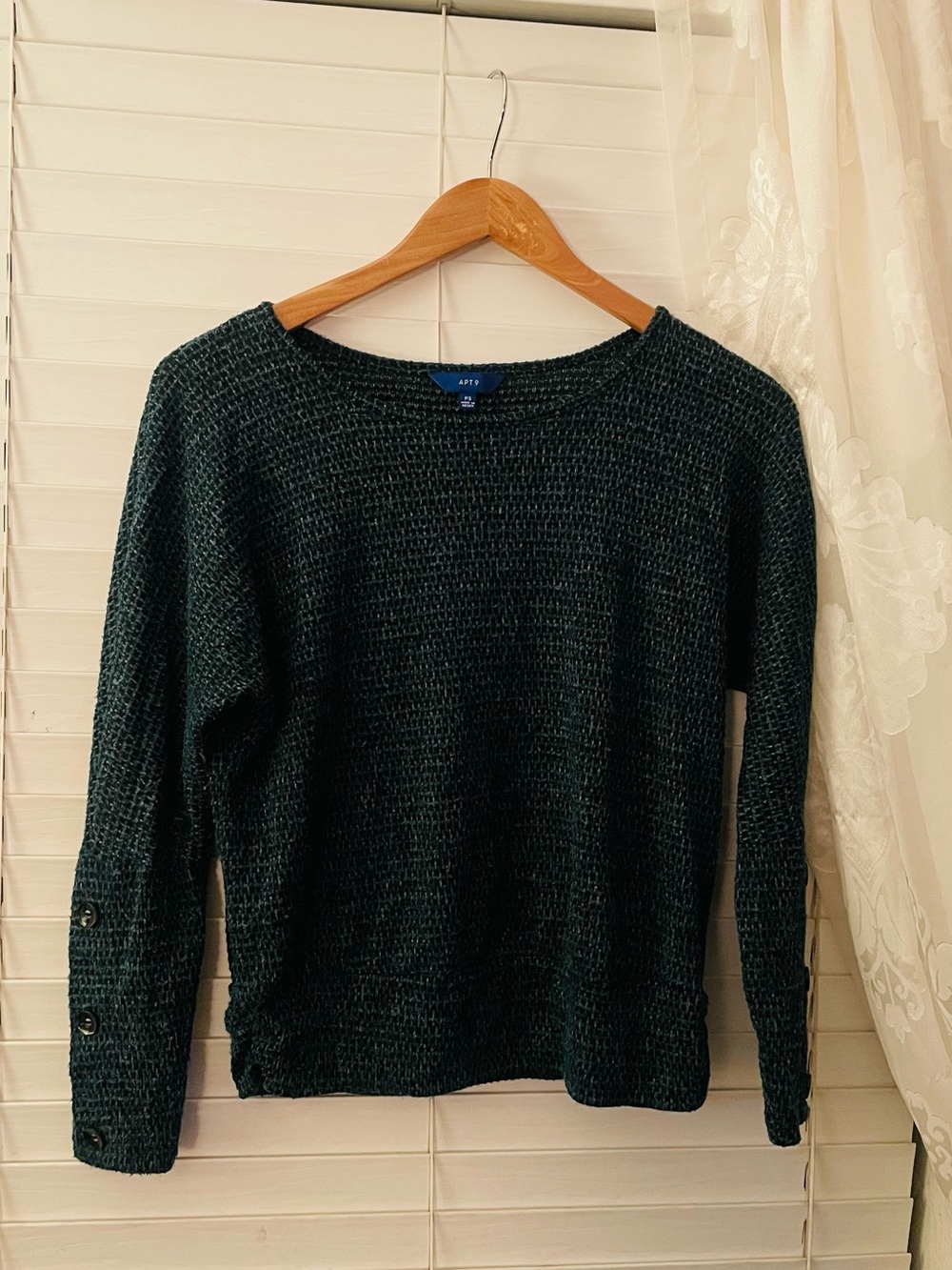 Apt. 9 Dark Green Textured Crewneck Sweater with Button Cuff